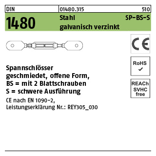 1 Stück, DIN 1480 Stahl SP-BS-S galvanisch verzinkt, CE Spannschlösser geschmiedet, offene Form, mit 2 Blattschrauben schwere Ausführung - Abmessung: SP BS-S M 16