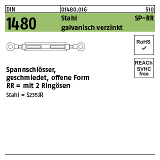 1 Stück, DIN 1480 Stahl SP-RR galvanisch verzinkt Spannschlösser geschmiedet, offene Form, mit 2 Ringösen - Abmessung: SP-RR M 20