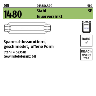 1 Stück, DIN 1480 Stahl SP feuerverzinkt, ÜZ Spannschlossmuttern, geschmiedet, offene Form - Abmessung: SP M 24 / 255