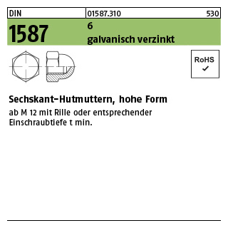 100 Stück, DIN 1587 6 galvanisch verzinkt Sechskant-Hutmuttern, hohe Form - Abmessung: M 3