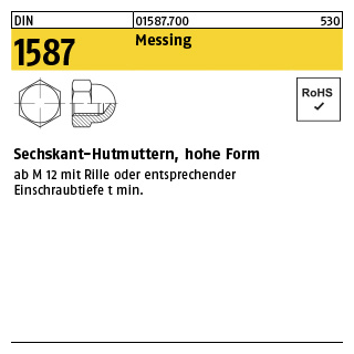 100 Stück, DIN 1587 Messing Sechskant-Hutmuttern, hohe Form - Abmessung: M 3