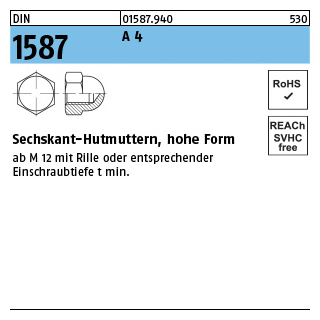 100 Stück, DIN 1587 A 4 Sechskant-Hutmuttern, hohe Form - Abmessung: M 3