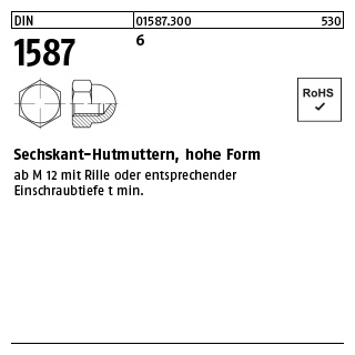 1000 Stück, DIN 1587 6 Sechskant-Hutmuttern, hohe Form - Abmessung: M 4