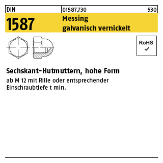 100 Stück, DIN 1587 Messing galvanisch vernickelt Sechskant-Hutmuttern, hohe Form - Abmessung: M 4