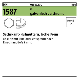 100 Stück, DIN 1587 6 galvanisch verchromt Sechskant-Hutmuttern, hohe Form - Abmessung: M 5