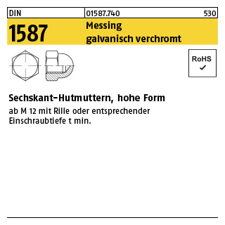 100 Stück, DIN 1587 Messing galvanisch verchromt Sechskant-Hutmuttern, hohe Form - Abmessung: M 5