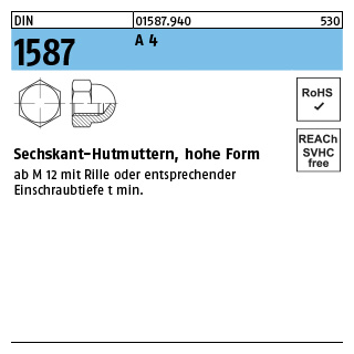 50 Stück, DIN 1587 A 4 Sechskant-Hutmuttern, hohe Form - Abmessung: M 6