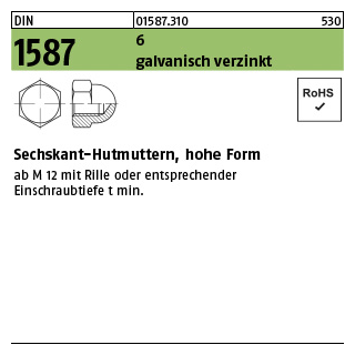 DIN 1587 Sechskant-Hutmuttern, 6 M 10 SW 17 gal Zn