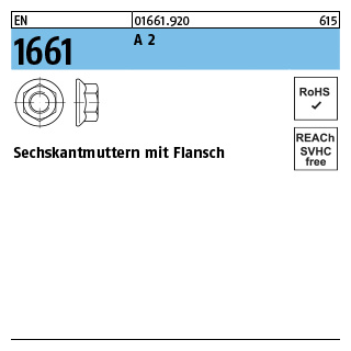 1000 Stück, EN 1661 A 2 Sechskantmuttern mit Flansch - Abmessung: M 6