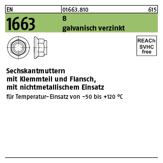 100 Stück, EN 1663 8 galvanisch verzinkt Sechskantmuttern mit Klemmteil und Flansch, mit nichtmetallischem Einsatz - Abmessung: M 5