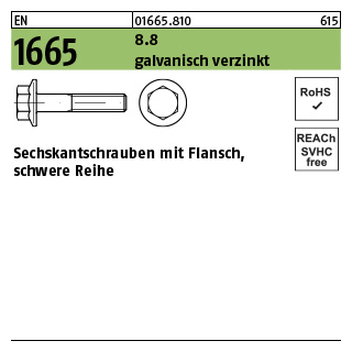 500 Stück, EN 1665 8.8 galvanisch verzinkt Sechskantschrauben mit Flansch, schwere Reihe - Abmessung: M 6 x 12