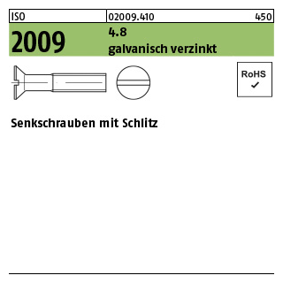 1000 Stück, ISO 2009 4.8 galvanisch verzinkt Senkschrauben mit Schlitz - Abmessung: M 3 x 10