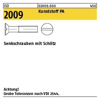 200 Stück, ISO 2009 Kunststoff PA Senkschrauben mit Schlitz - Abmessung: M 8 x 16