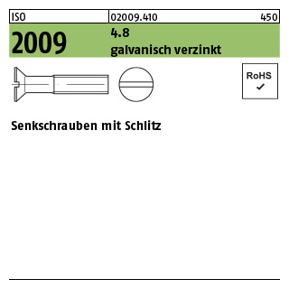 100 Stück, ISO 2009 4.8 galvanisch verzinkt Senkschrauben mit Schlitz - Abmessung: M 12 x 25