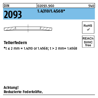 200 Stück, DIN 2093 1.4310/1.4568 Tellerfedern - Abmessung: 20 x10,2x0,6