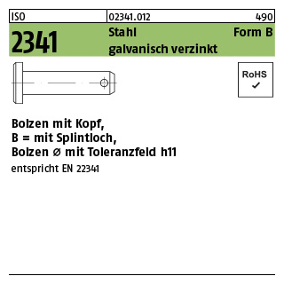 100 Stück, ISO 2341 Stahl Form B galvanisch verzinkt Bolzen mit Kopf, mit Splintloch, Bolzen Ø mit Toleranzfeld h11 - Abmessung: B 8 x30 x24