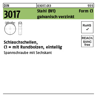 50 Stück, DIN 3017 Stahl (W1) Form C1 galvanisch verzinkt Schlauchschellen, mit Rundbolzen, einteilig - Abmessung: 17- 19/18