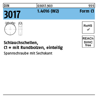 50 Stück, DIN 3017 1.4016 (W2) Form C1 Schlauchschellen, mit Rundbolzen, einteilig - Abmessung: 43- 47/20