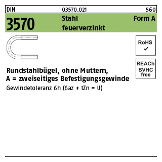 100 Stück, DIN 3570 Stahl Form A feuerverzinkt Rundstahlbügel, ohne Muttern, zweiseitiges Befestigungs-Gewinde - Abmessung: A 52 / NW 40