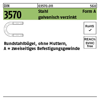 50 Stück, DIN 3570 Stahl Form A galvanisch verzinkt Rundstahlbügel, ohne Muttern, zweiseitiges Befestigungs-Gewinde - Abmessung: A 64 / NW 50