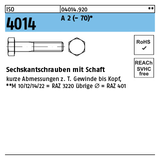 200 Stück, ISO 4014 A 2 - 70 Sechskantschrauben mit Schaft - Abmessung: M 5 x 65