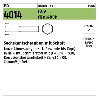 500 Stück, ISO 4014 10.9 flZnL 480h (zinklamellenbesch.) Sechskantschrauben mit Schaft - Abmessung: M 6 x 30