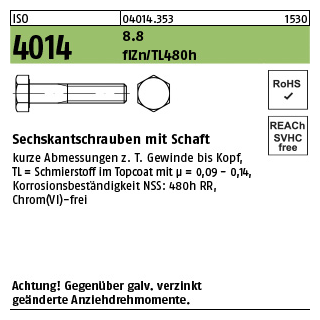 500 Stück, ISO 4014 8.8 flZn/TL 480h (zinklamellenbesch.) Sechskantschrauben mit Schaft - Abmessung: M 6 x 30