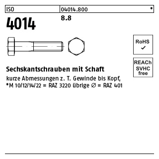 200 Stück, ISO 4014 8.8 Sechskantschrauben mit Schaft - Abmessung: M 6 x 35
