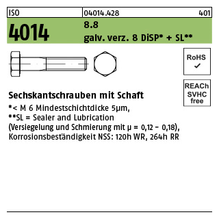 200 Stück, ISO 4014 8.8 galv. verz. 8 DiSP + SL Sechskantschrauben mit Schaft - Abmessung: M 6 x 40