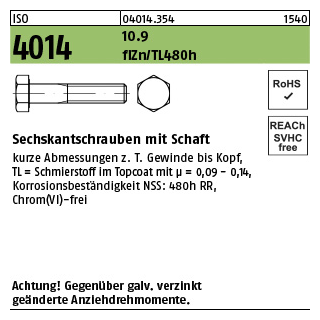 200 Stück, ISO 4014 10.9 flZn/TL 480h (zinklamellenbesch.) Sechskantschrauben mit Schaft - Abmessung: M 6 x 50