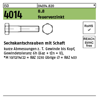 200 Stück, ISO 4014 8.8 feuerverzinkt Sechskantschrauben mit Schaft - Abmessung: M 8 x 35