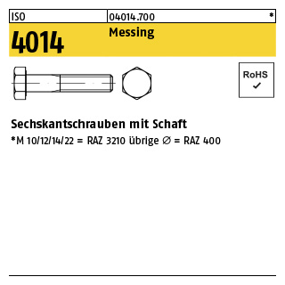 100 Stück, ISO 4014 Messing Sechskantschrauben mit Schaft - Abmessung: M 8 x 50