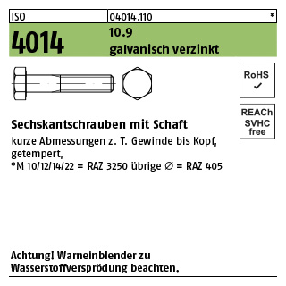 100 Stück, ISO 4014 10.9 galvanisch verzinkt Sechskantschrauben mit Schaft - Abmessung: M 8 x 100