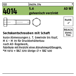 100 Stück, ISO 4014 5.6 AD W7 galvanisch verzinkt Sechskantschrauben mit Schaft - Abmessung: M 10 x 45