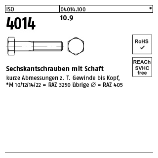 100 Stück, ISO 4014 10.9 Sechskantschrauben mit Schaft - Abmessung: M 10 x 50
