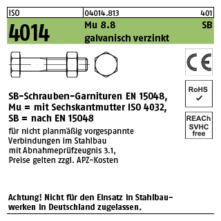 100 Stück, ISO 4014 Mu 8.8 SB galvanisch verzinkt SB-Schrauben-Garnituren EN 15048, mit Sechskantmutter ISO 4032 - Abmessung: M 10 x 60