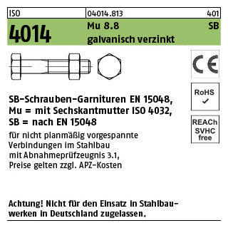 100 Stück, ISO 4014 Mu 8.8 SB galvanisch verzinkt SB-Schrauben-Garnituren EN 15048, mit Sechskantmutter ISO 4032 - Abmessung: M 10 x 65