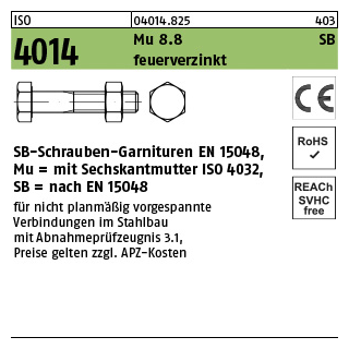 100 Stück, ISO 4014 Mu 8.8 SB feuerverzinkt SB-Schrauben-Garnituren EN 15048, mit Sechskantmutter ISO 4032 - Abmessung: M 10 x 75