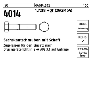 100 Stück, ISO 4014 1.7218 +QT (25CrMo4) Sechskantschrauben mit Schaft - Abmessung: M 12 x 55