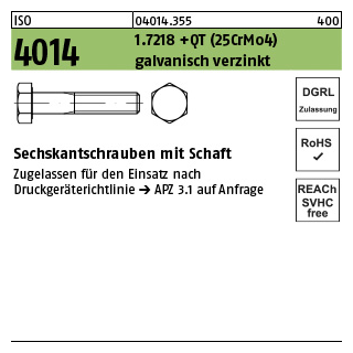 100 Stück, ISO 4014 1.7218 +QT (25CrMo4) galvanisch verzinkt Sechskantschrauben mit Schaft - Abmessung: M 12 x 55