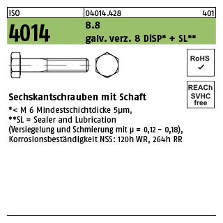 50 Stück, ISO 4014 8.8 galv. verz. 8 DiSP + SL Sechskantschrauben mit Schaft - Abmessung: M 12 x 70