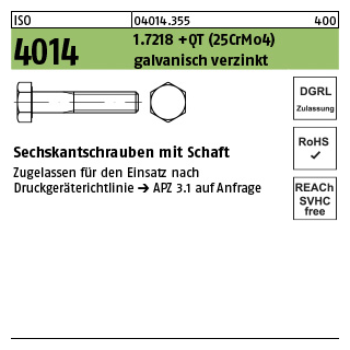 25 Stück, ISO 4014 1.7218 +QT (25CrMo4) galvanisch verzinkt Sechskantschrauben mit Schaft - Abmessung: M 16 x 95