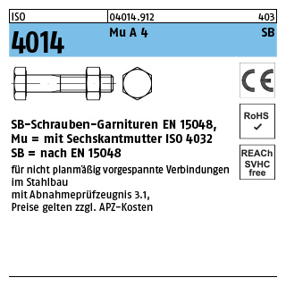 10 Stück, ISO 4014 Mu A 4 SB SB-Schrauben-Garnituren EN 15048, mit Sechskantmutter ISO 4032 - Abmessung: M 16 x 130