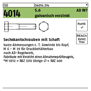 ISO 4014 5.6 AD W7 galvanisch verzinkt Sechskantschrauben mit Schaft - Abmessung: M 16 x 180, Inhalt: 25 Stück