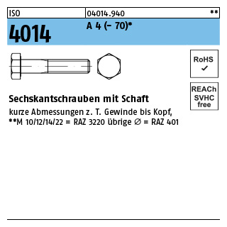 1 Stück, ISO 4014 A 4 - 70 Sechskantschrauben mit Schaft - Abmessung: M 16 x 250