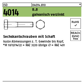 1 Stück, ISO 4014 8.8 galvanisch verzinkt Sechskantschrauben mit Schaft - Abmessung: M 16 x 430