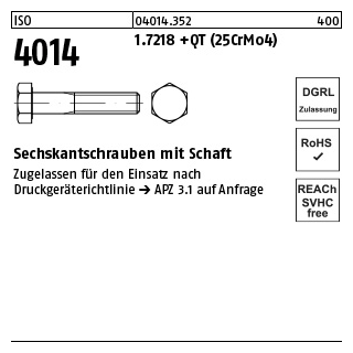 25 Stück, ISO 4014 1.7218 +QT (25CrMo4) Sechskantschrauben mit Schaft - Abmessung: M 20 x 85