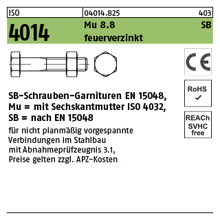 10 Stück, ISO 4014 Mu 8.8 SB feuerverzinkt SB-Schrauben-Garnituren EN 15048, mit Sechskantmutter ISO 4032 - Abmessung: M 20 x 170