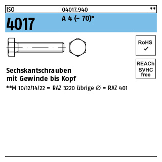 100 Stück, ISO 4017 A 4 - 70 Sechskantschrauben mit Gewinde bis Kopf - Abmessung: M 3 x 5*