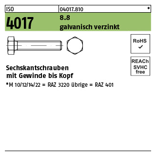 500 Stück, ISO 4017 8.8 galvanisch verzinkt Sechskantschrauben mit Gewinde bis Kopf - Abmessung: M 3 x 12